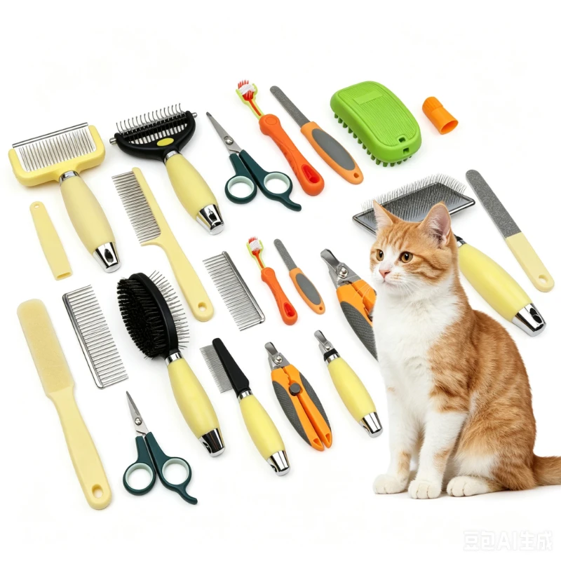 Pet grooming tool set, double-sided comb, knot comb, toothbrush, bristle knife, nail scissors, file scissors, set
