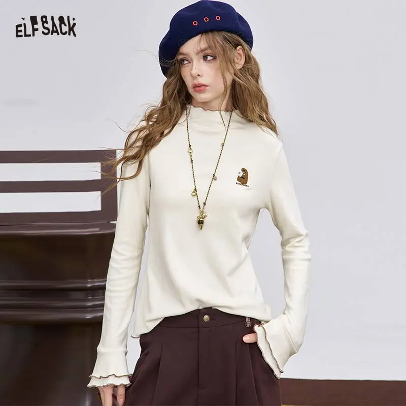 ELFSACK 2025 Winter New Arrivals Casual Animal Embroidered Flounce Sleeve Long Sleeve Half Neck T-shirt For Woman