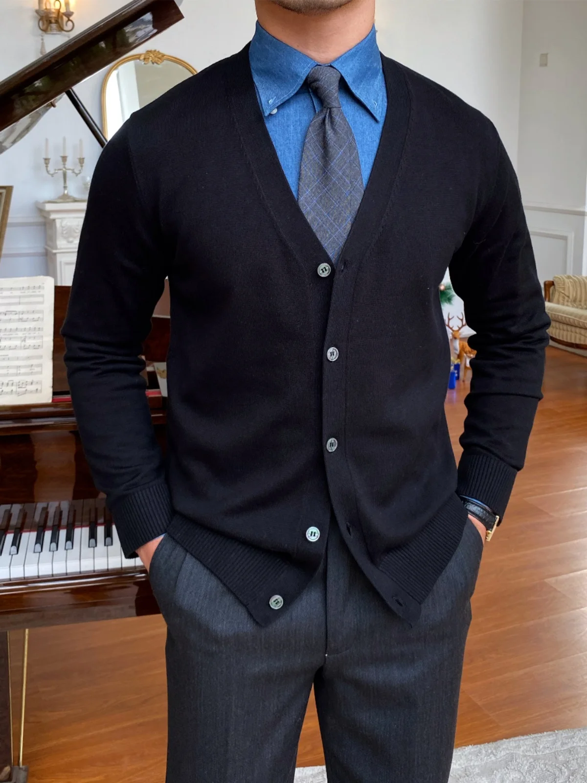 

Мистер. Мужской вязаный кардиган Deer Tee в корейском стиле, облегающий, теплый, универсальный, для повседневной носки, осенний, модный, с V-образным вырезом