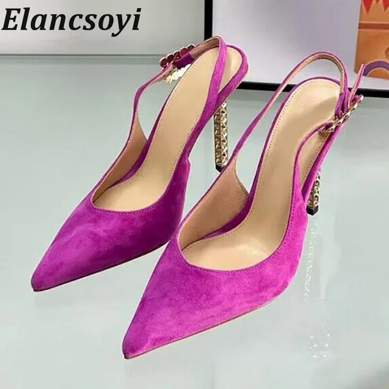 

New Pointed Toe Closed Toe Thin High Heels Sandalias Women Cow Suede Shallow Mouth Sandals Summer Party Dress Shoes Pumps