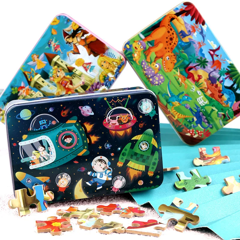 100pcs 3D Cartoon Puzzles in a Metal Box Mermaid/Princess/Dinosaur/Ship/Santa Claus Jigsaw for Girls and Boys Educational Toys