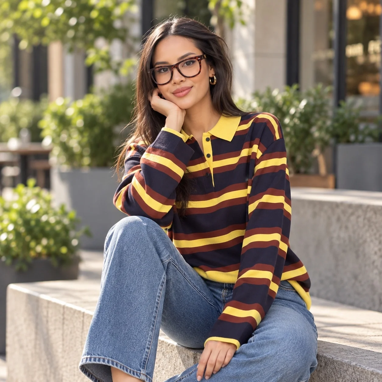 Striped Turn Down Collar Top Regular Fit Minimalist Women T Shirt with Polo Collar Standard Length No Closure Long Sleeve