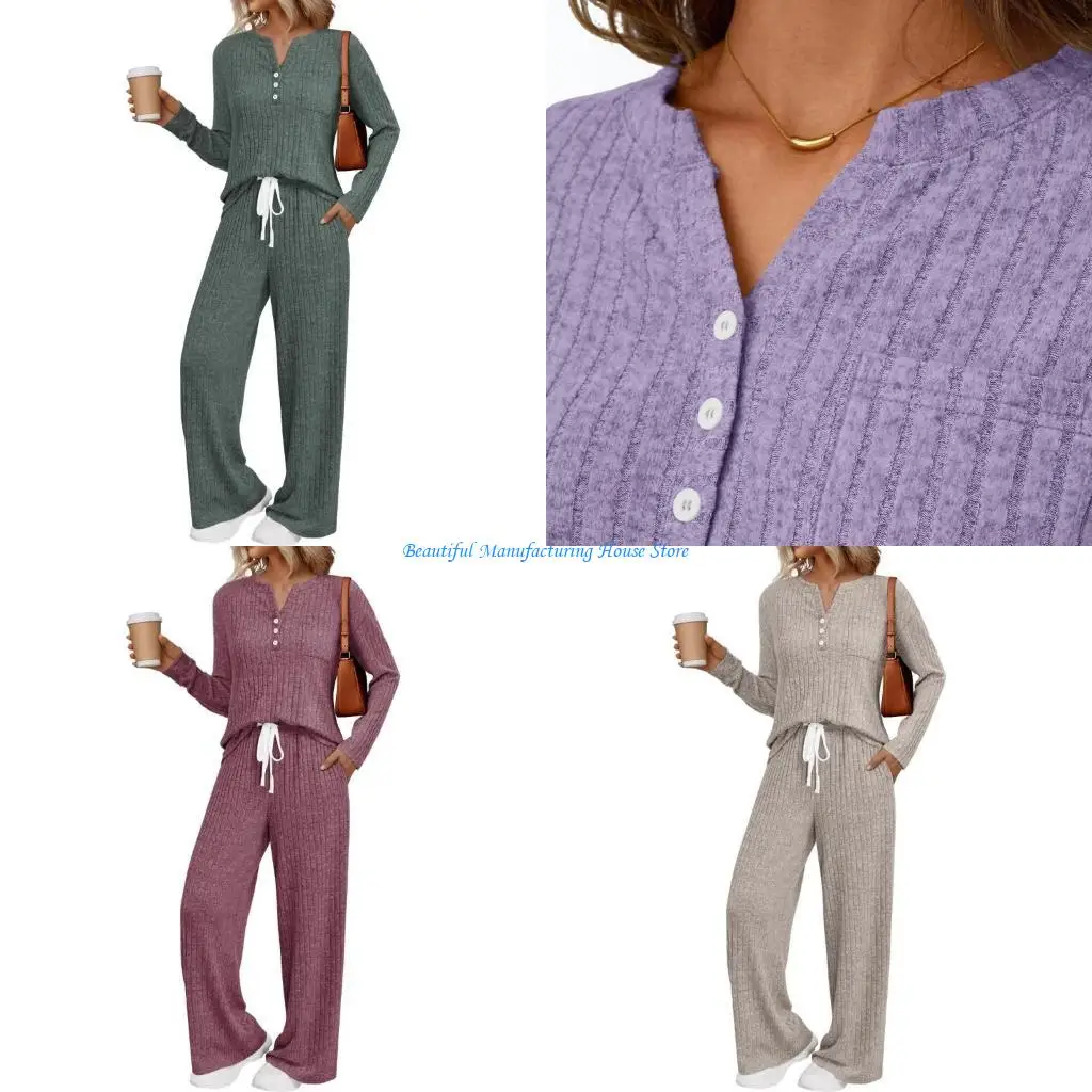 

E56A Womens 2 Piece Lounge Sets Fall Outfits Henley Neck Sweater Matching Sweat Suits Comfy Pajamas Clothes Pockets
