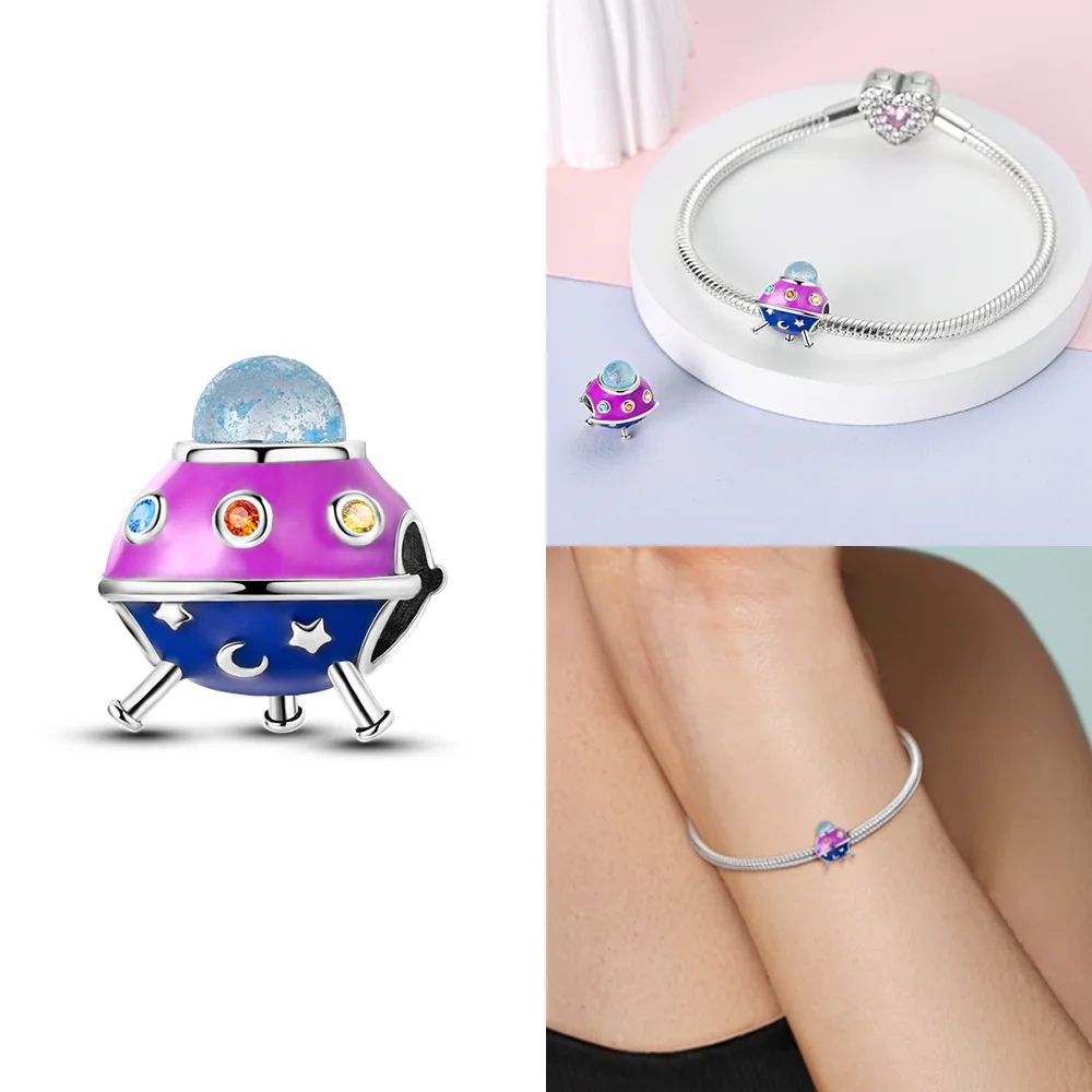 Space Astronaut UFO Moon Star Silver Plated Beads Original Charms Fit Bracelets Bag Keychain Charms DIY Women Gift Accessory