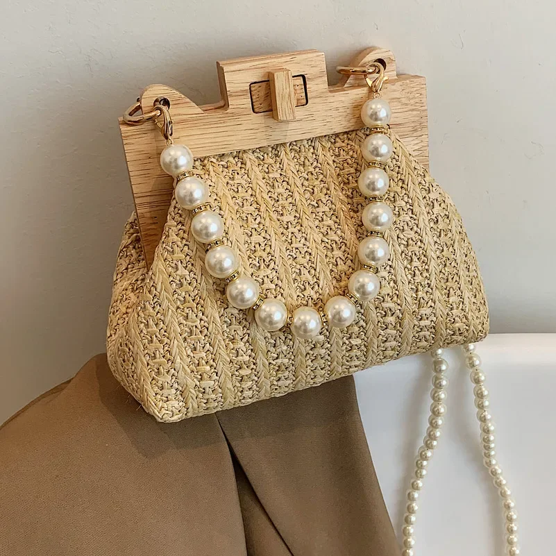 2024 Women\'s Bag New Grass Knitted Pearl Crossbody Bag with Grip Texture Wooden Handle, Unique Weaving Handbag