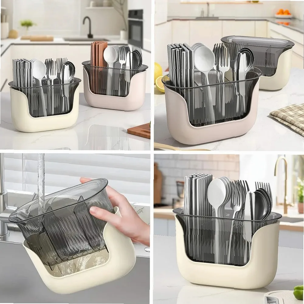 3-Compartment Flatware Organizer with Drain Storage, Multifunctional Kitchen Cutlery Holder & Utensil Rack