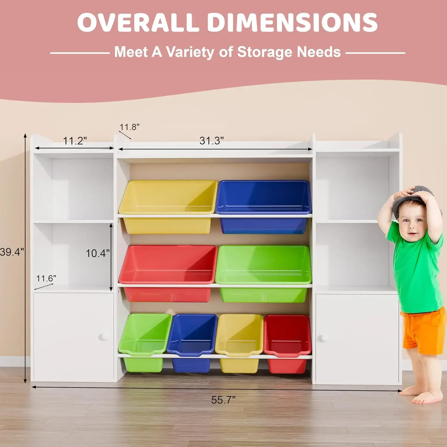 Kids Toy Storage Organizer W/8 Removable  Bins, 4-Tier Organizers W/6 Storage , Kids Bookshelf and  Storage for Playro