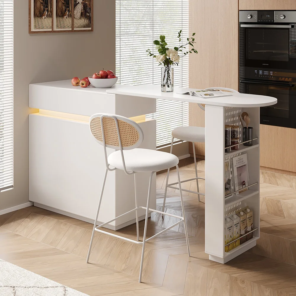 

Современный матовый белый кухонный остров высотой 129 см с выдвижным обеденным столом и светодиодной подсветкой