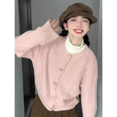 

Розовый круглый свитер на пуговицах с витыми рогами, женское пальто на весну и осень, свободный ленивый милый вязаный открытый кардиган