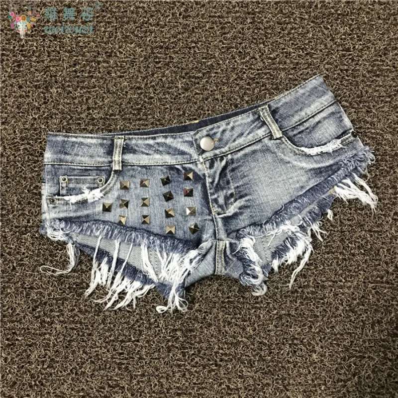 Sexy Women Rivet Denim Ultra Shorts Low Rise Denim Open Crotch Shorts Jeans Nightclub Pole Dance DS Mini Shorts Flirting Uniform - Image 6