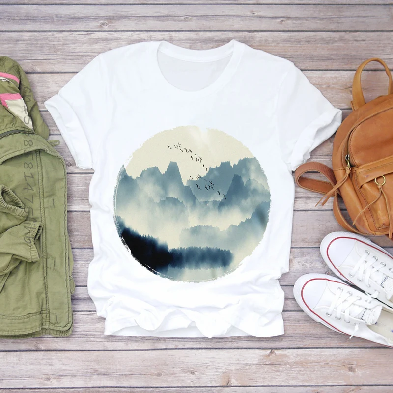 Premium Women Summer Short Sleeve Mountain Cloud Cute Print Lady T-Shirts Top T Shirt Ladies Womens Graphic Female Tee T-Shirt