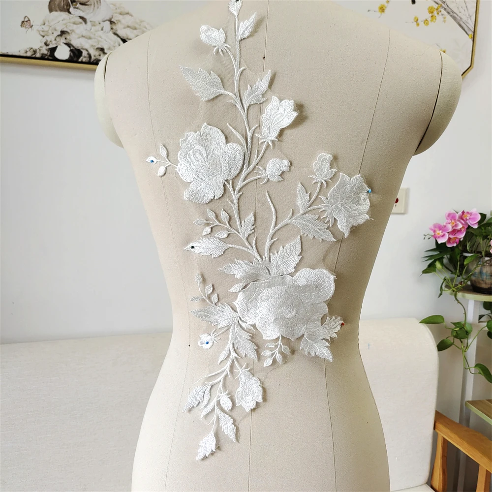 Off white Blume Zweig Spitze Stoff bestickte Kleid Applikationen trimmt Kragen Mesh auf Patch für Hochzeits dekoration Kleid DIY nähen – Detail 3