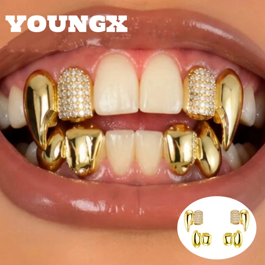 YOUNGX DIY 4PCS/Set Double Fangs Teeth Grillz Hip Hop Zircon Tooth Caps For Unisex Bling Jewelry Cosplay Dental Grills