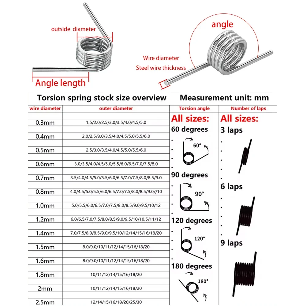 10Pcs 304 Torsional Spring 0.3mm Wire Diameter V Type Spring 1.5mm - 5mm Outside Diameter 60/90/120/180 Degree Reset Springs