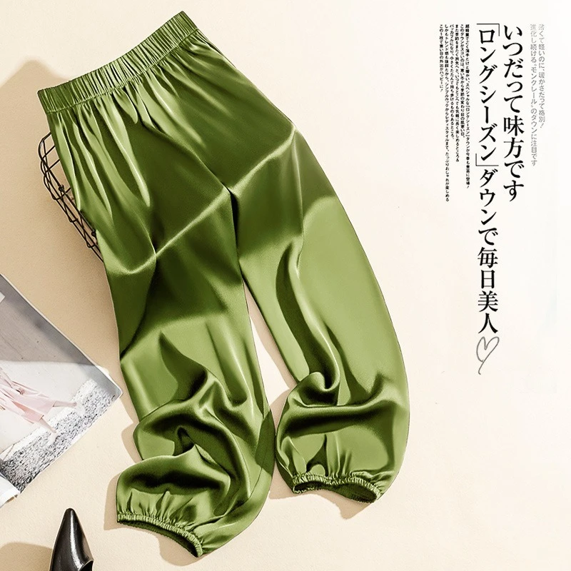 Women Clothes Korean Fashion High Waist Ice Silk Wide-leg Pant Women 2026 Summer Loose Silky Smooth Satin Silk Straight Trousers