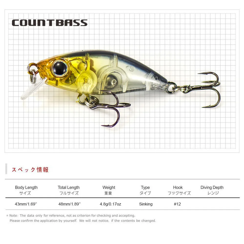 COUNTBASS Langsam sinkender Minnow 43 mm 1-3/4" 4,8 g 3/16 oz. Wobbler HardBait Plug Angelköder La Peche Au Leurre – Detail 5