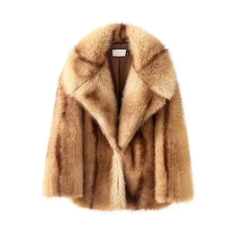 2026 Winter Oversized Warm Outerwear Overcoat Luxury Brand Fashion Women Yellow Striped Faux Fur Jacket Coat Chic Girls