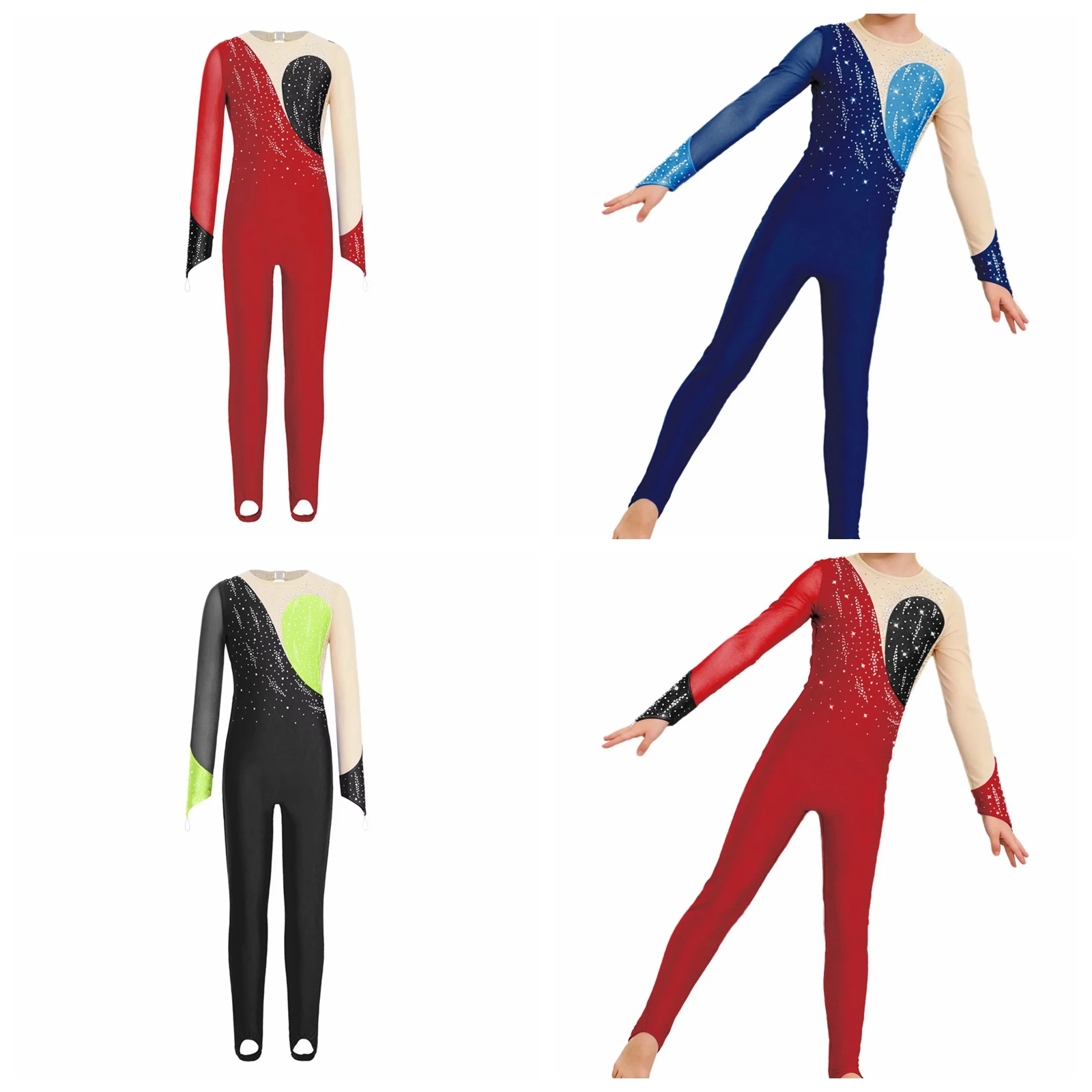 Kids Girls Gymnastics Jumpsuit Long Sleeves Keyhole Back Mesh Patchwork Rhinestones Stirrup Style Bodysuit with Finger Holes