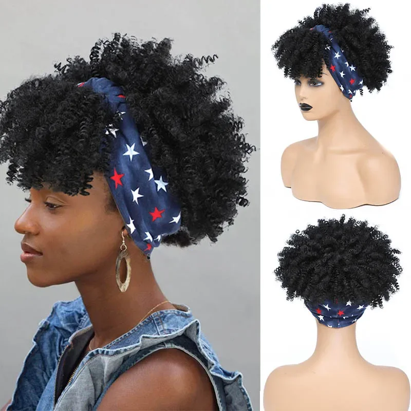 Short Afro Curly Headband Wig Synthetic High Puff Curly Scarf Wig with Bangs Black Kinky Curly Head Band Wigs for Women Cosplay