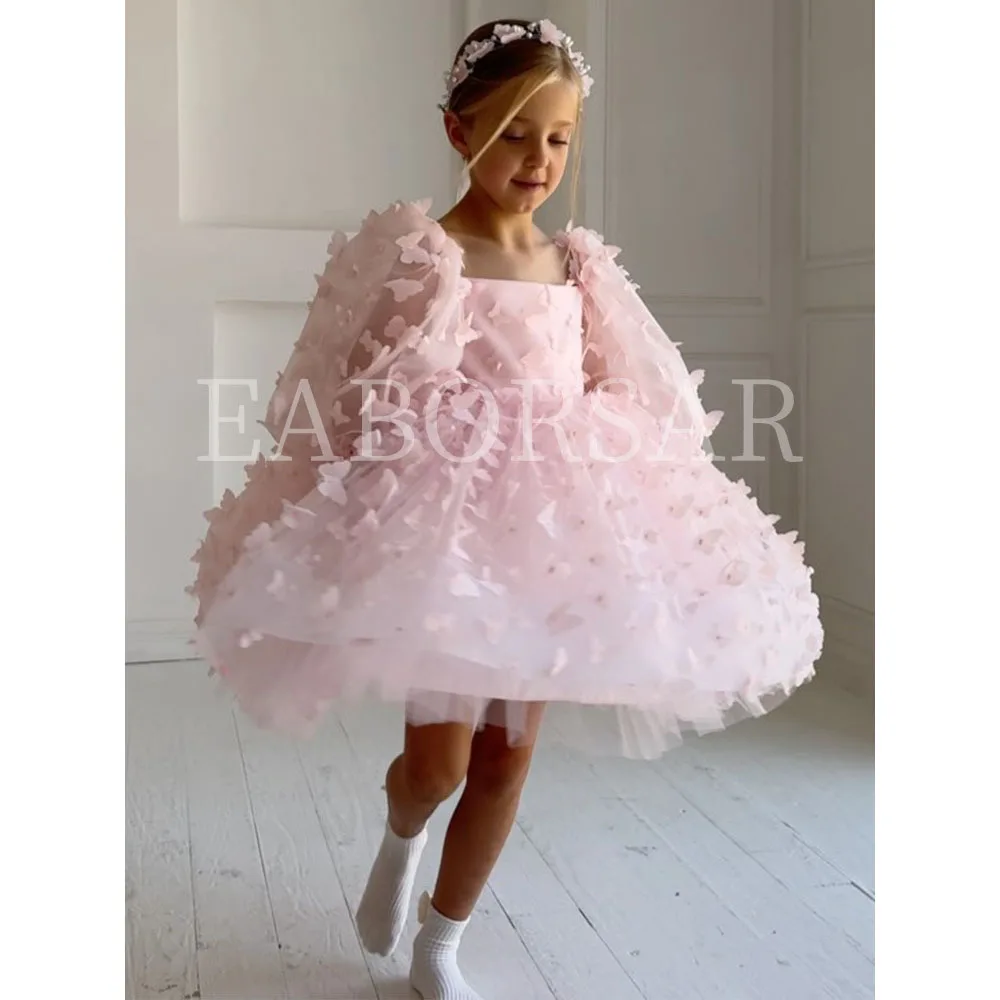 

Light Pink Flower Girl's Puffy Dress with Lantern Sleeves Fabric Butterflies for Children's Birthday Party Wedding Concert Show