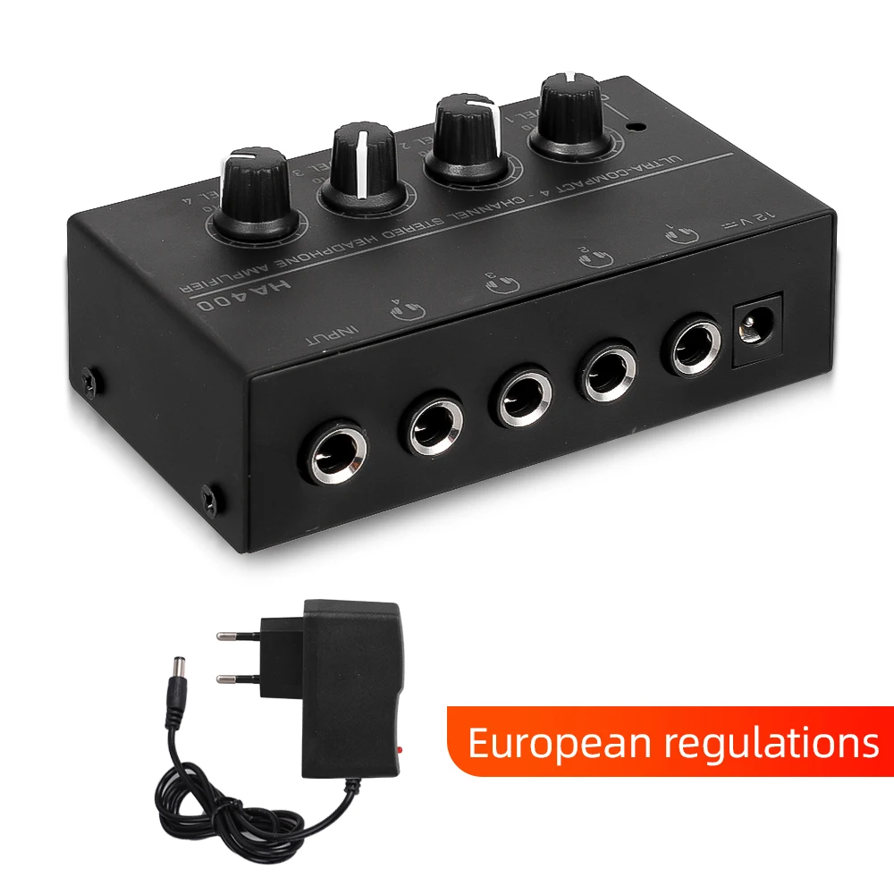4 ช่องมินิสเตอริโอเครื่องขยายเสียงหูฟัง HA400 Ultra-Compact Audio เครื่องขยายเสียงพร้อมอะแดปเตอร์ไฟ EU US ปลั๊กอะแดปเตอร์