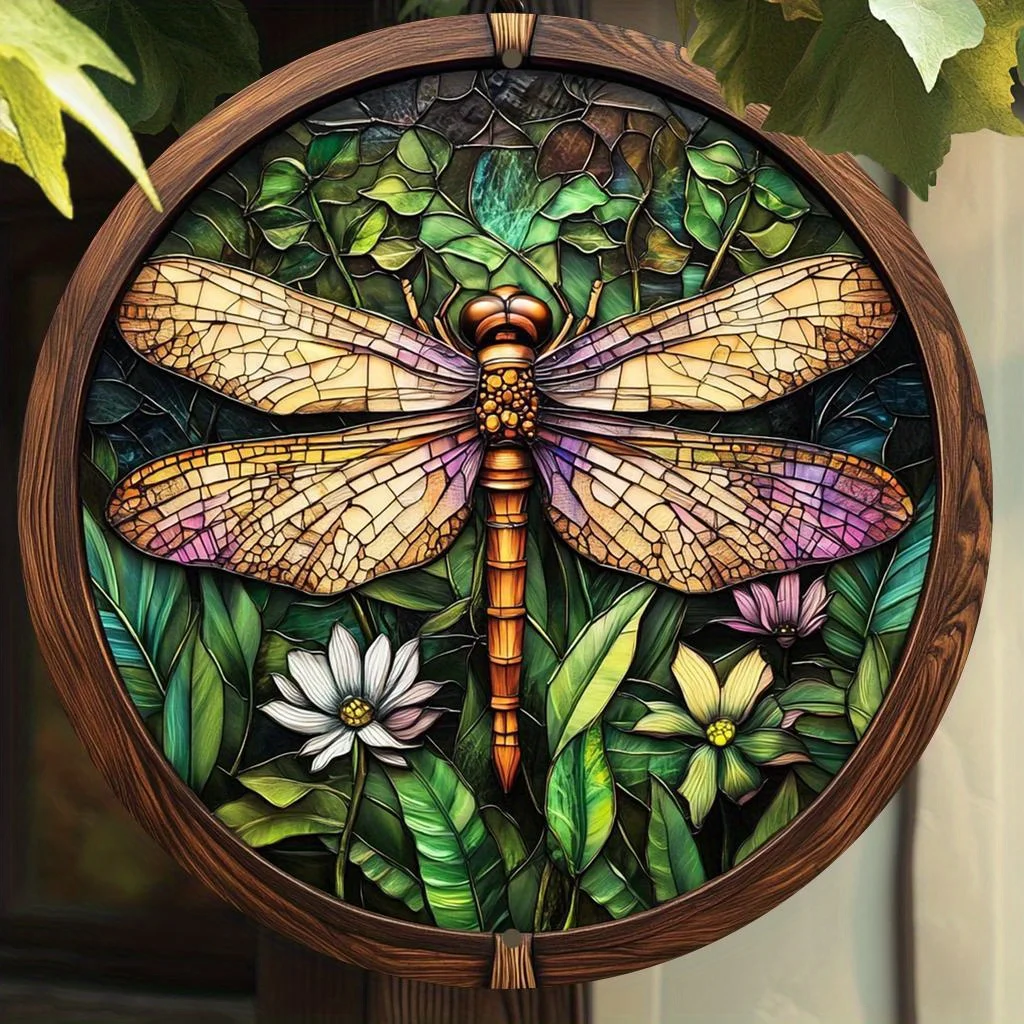 2D flach, 1 Stück Vintage Libelle & Blumen Buntglas rundes Wandkunstschild aus Aluminium – 8 x 8 Zoll horizontales Metalldekor für Zuhause, K