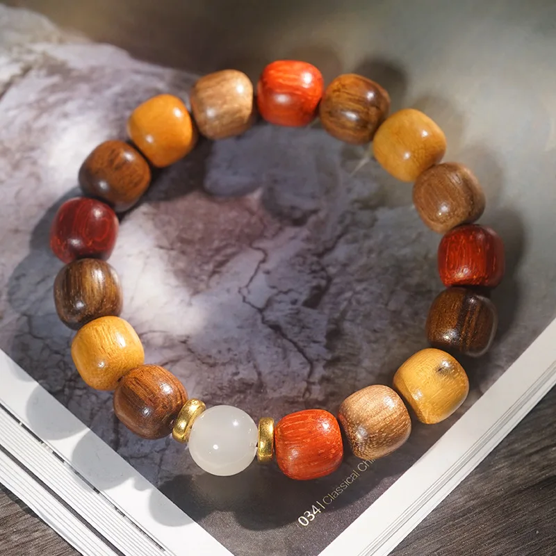 Luminous Mixed Gem Beads Oval Beads Red Sandalwood Auspicious Three Treasures Unisex Vintage Single Circle Bracelet