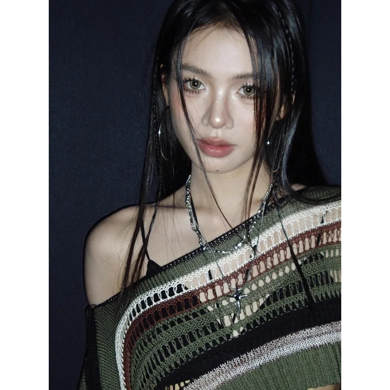 

Long Sleeve T-Shirts For Womens American Style Sexy Knitted Chic Y2K Youthful O-Neck Hollow Out Retro Vintage Cool Girls Spring