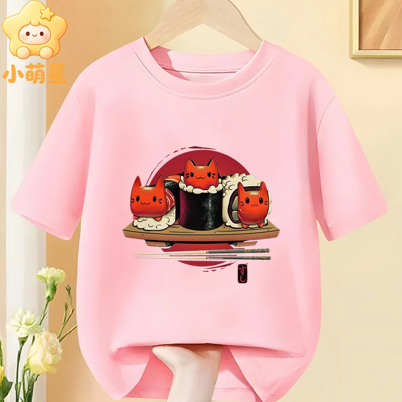 Boys Girls Halloween Party T‑Shirt Creative Japanese Style Sushi Cat Graphic Pure Cotton Short Sleeve Casual Children Top Tees