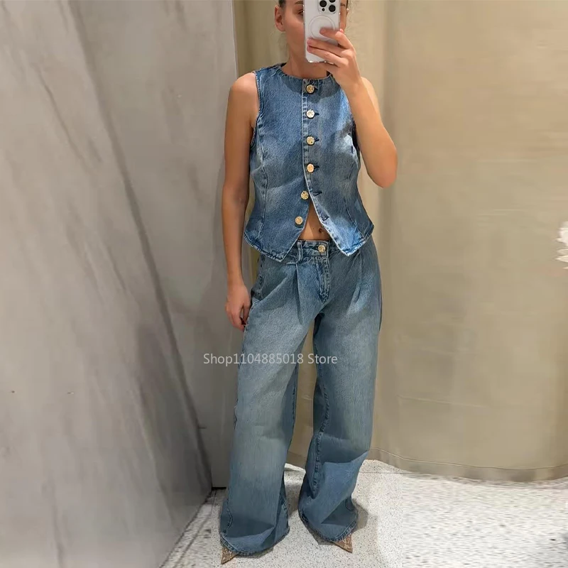 

Street Denim Tank Pants Set Women Baggy Round Collar Single Breasted Sleeveless Vest Straight Jean 2025 Lady 2 Piece Sets Outfit