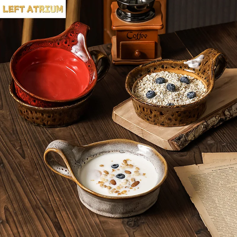 Vintage Underglaze Color Binaural Salad Bowl Household Dessert Leopard Print Kiln Change Japanese Breakfast Yogurt Cup Ceramic
