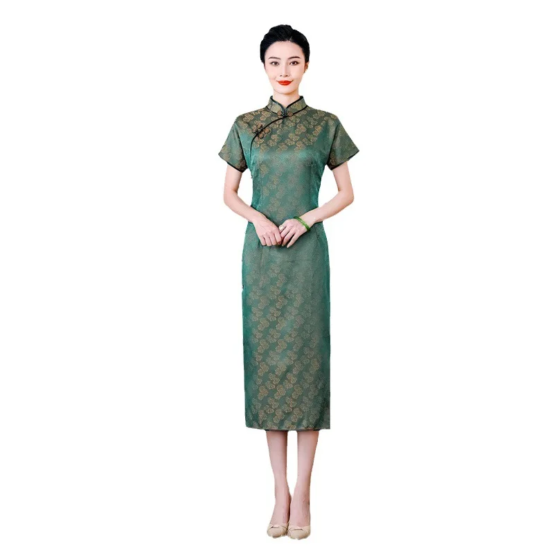 High Quality 2024 Summer New Green Real Silk Chinese Style Retro Temperament Long Cheongsam Qipao Dress Women's