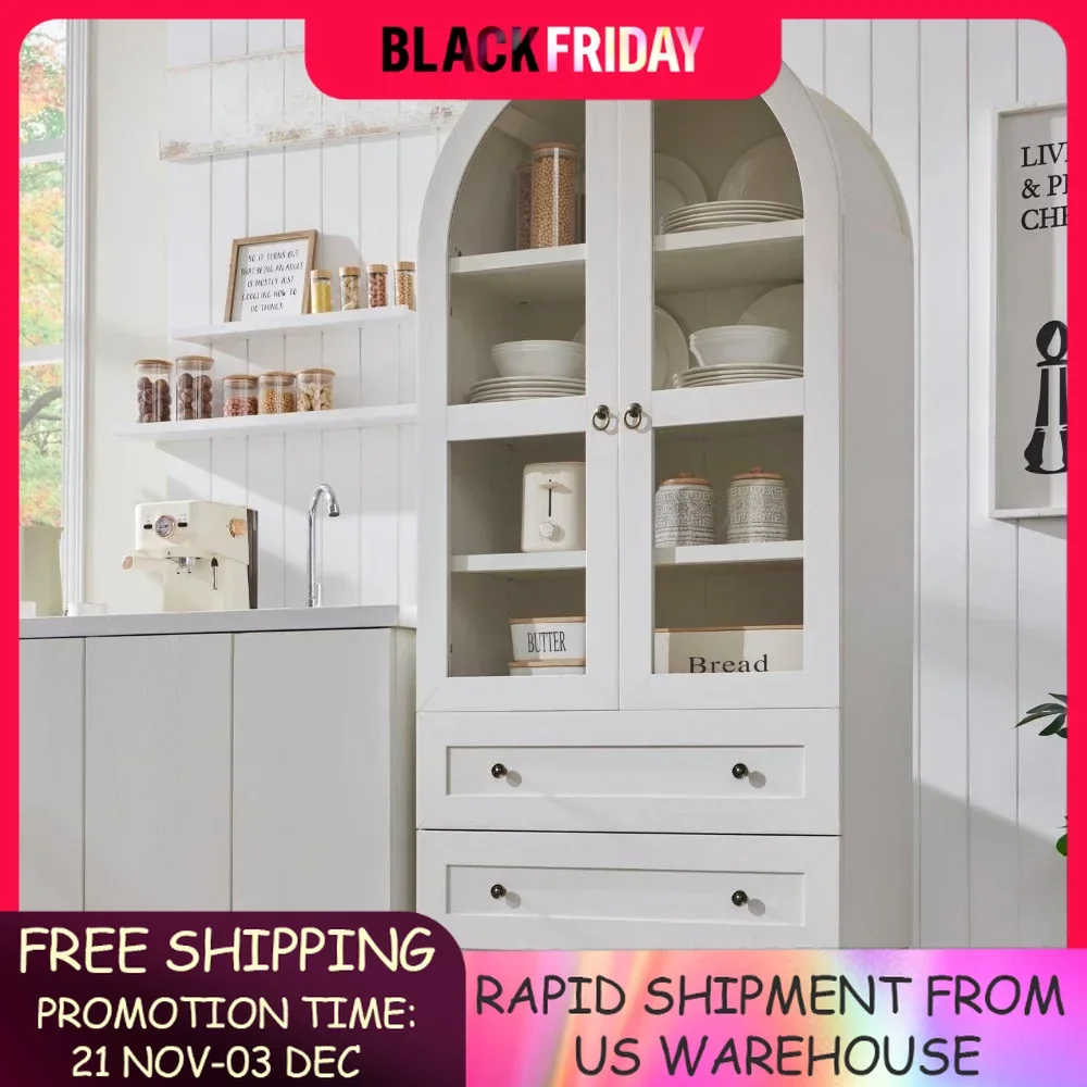 Arched Kitchen Pantry Cabinet, Wood Kitchen Storage Cabinets with 2 Large Drawers and Adjustable Shelves,Versatile Cupboard