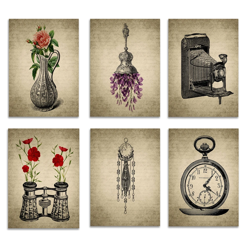 Vintage clock, pocket watch, photo camera, roses in binoculars, vase, antique chandelier, bell print wall decor vintage poster