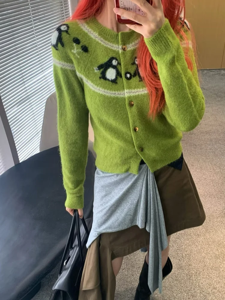 

Elegant Penguin Pattern Knitted Sweater round Neck Long Sleeve Slim Fit Women's Cardigan Soft Cozy Fashionable Cute Style