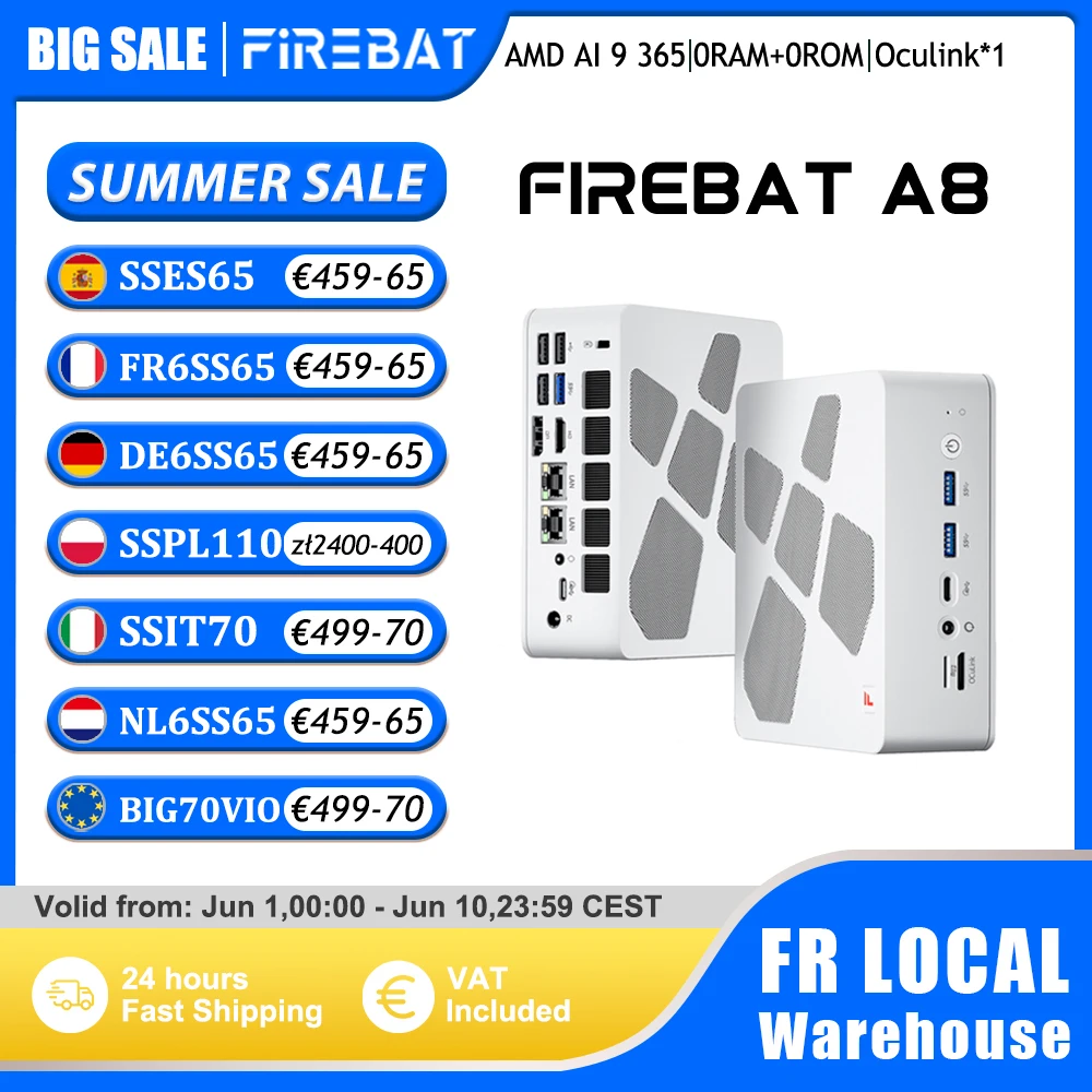 Firebat A8 Mini PC AMD Ryzen AI 9 365 DDR5 RAM M.2 SSD USB4*2 DDR5*2 PCIe4*2 Windows11 Pro Ordinateur de bureau de jeu WiFi6 OCuLink
