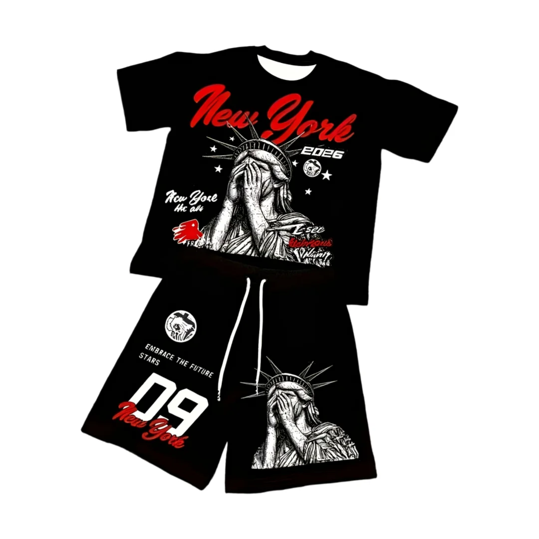 

2026 New America Street Style Y2K Vintage Retro New York Statue of Liberty Pattern Men's T-Shirt Set Summer T-Shirt and Shorts