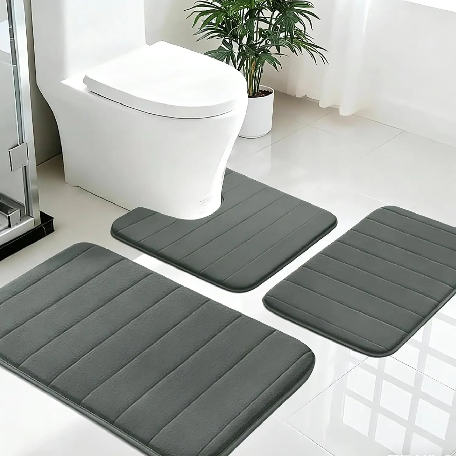 

3Piece Non-Slip Bath Mat Set Memory Foam Bathroom Rugs Water Absorbent Shower Mat Machine Washable Toilet Mat for Bathroom Floor