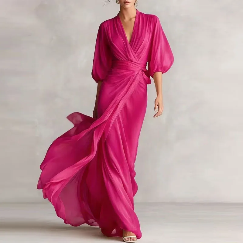 Lente Puff Half Sleeve Avondjurk Dames Elegant Diep V-hals Omgeslagen Taille Strik Flowy Maxi Jurk Zomer Vakantie Strand Lange Jurk