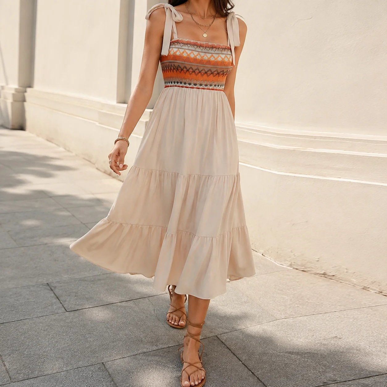 Patchwork Pull on Dress High Waist Refined Commuter with Spaghetti Strap Summer Sleeveless Mid Length Square Neck Women Dress