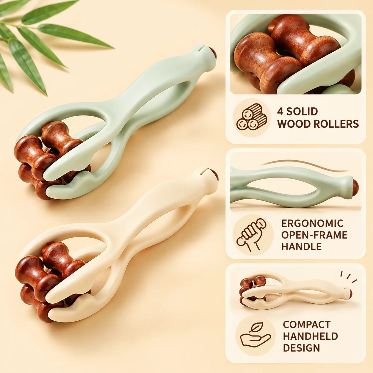 Handheld Wooden Finger Massager Roller, Hand Massage Tool, 4 Solid Wood Rollers, Double-Row Finger Massage & Relaxation Tool