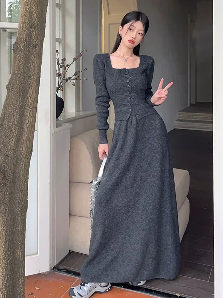 Autumn Winter Small Fragrant Knitted Two Piece Set For Women Fashion Casual Cardigan Coat + Pleated Long Skirt 2 Piece Outfits