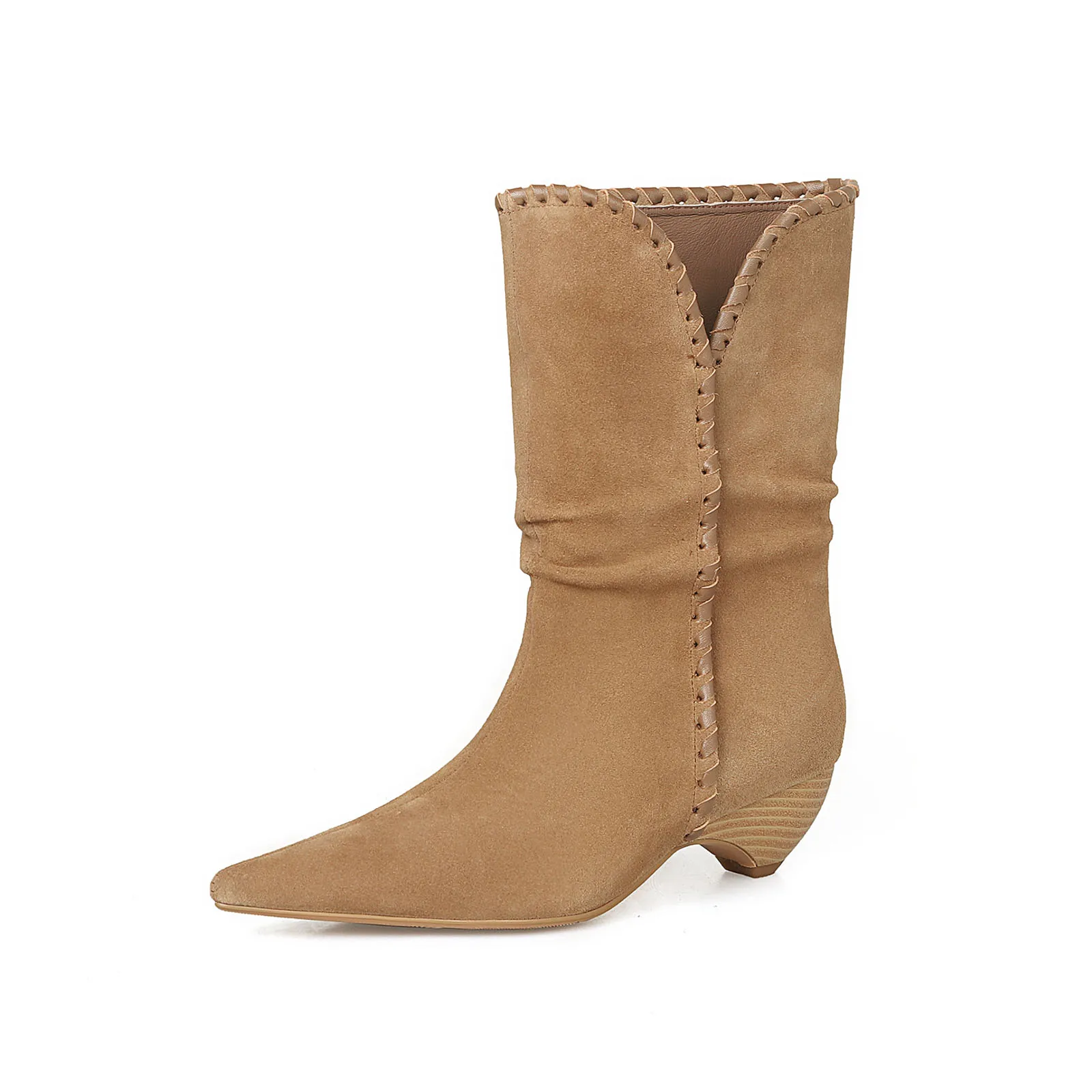 

Arden Furtado 2025 autumn winter Cow suede Pleated Short boots Pointed toe Pull-on Middle heel Western boots Modern boots