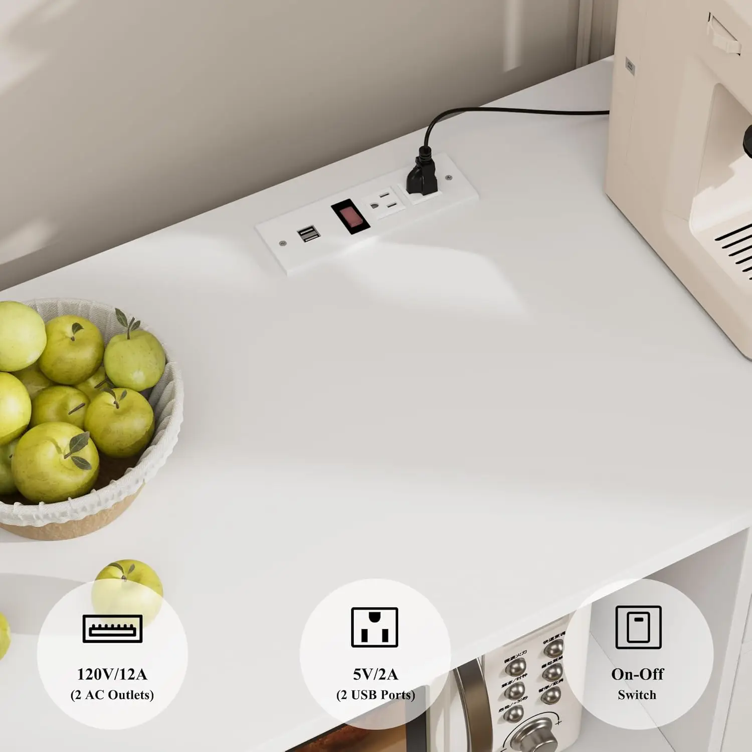 Armoire à micro-ondes 47' avec station de recharge, buffet de cuisine blanc avec tiroirs et étagères