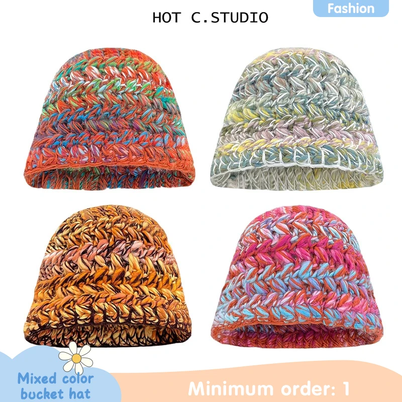 Autumn and Winter Designer Mixed Color Thick Beanies for Women Cycling All-match Warm Ear Protection Windproof Cold Bucket Hat