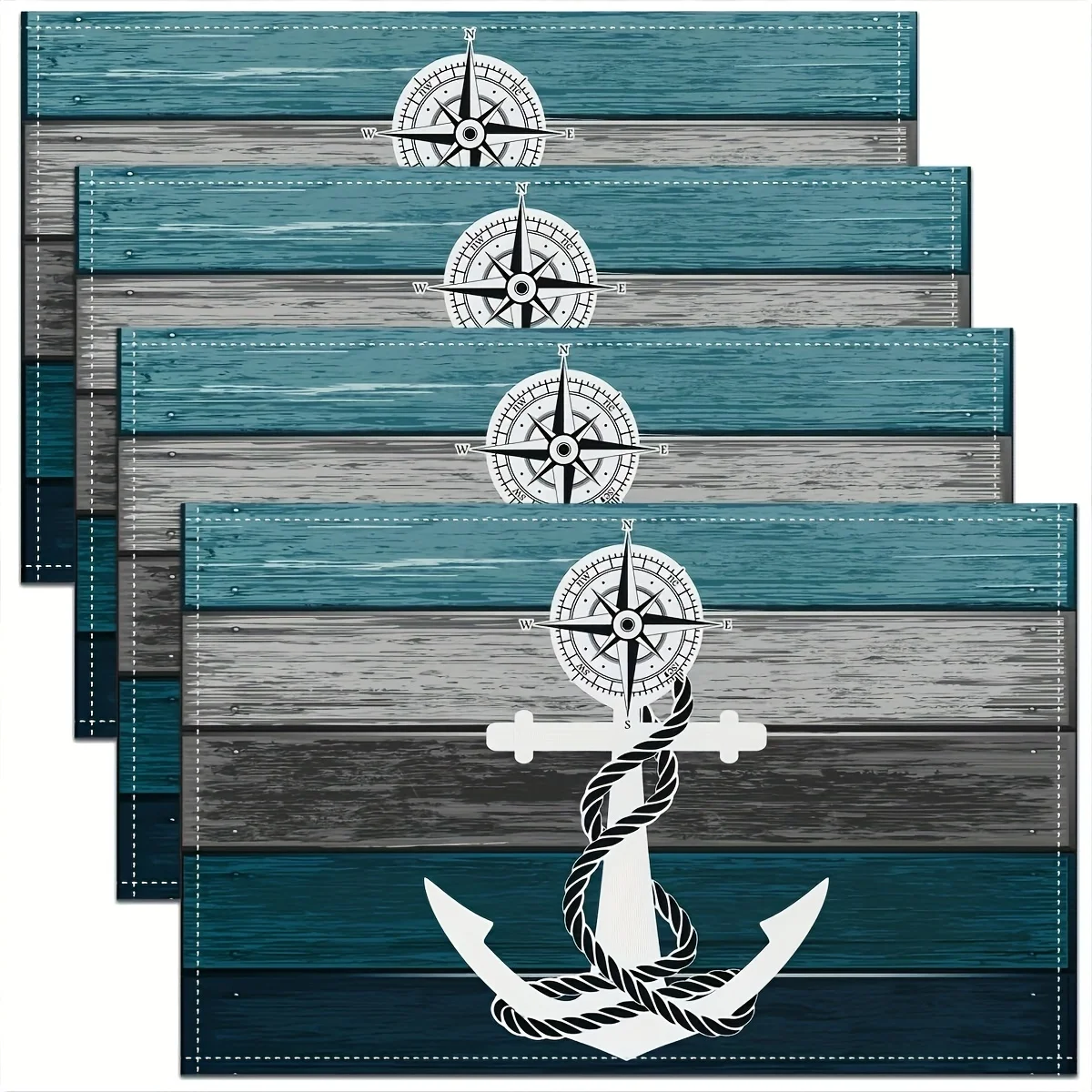 Nautical Theme Placemat Set 4pcs Marine Anchor Compass Decor Placemats Suitable for Kids Teens Adults Watercolor