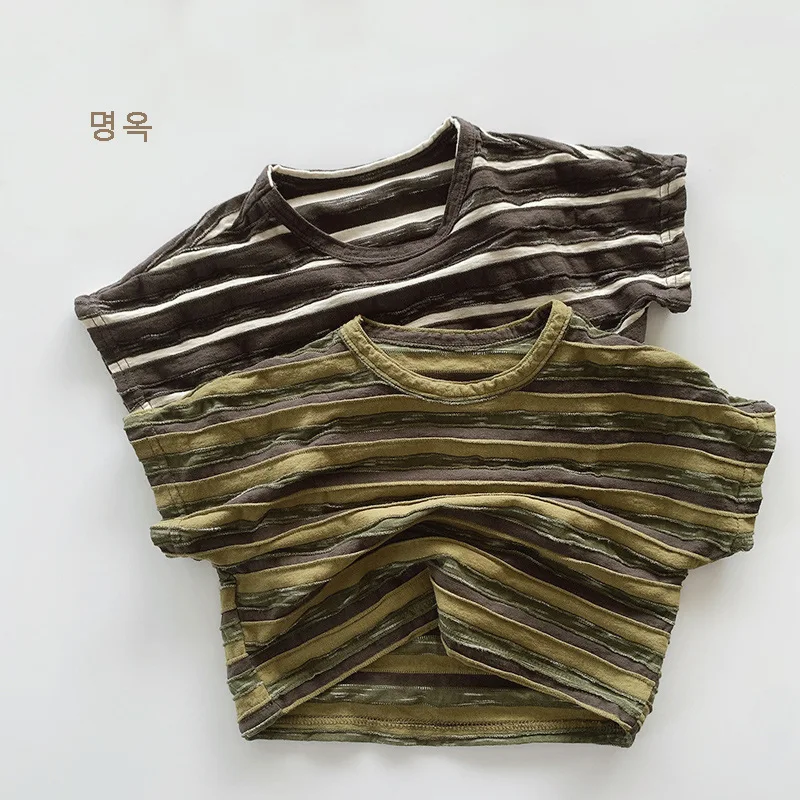 

HZMY-Niche Individual Style~Children's StripesTT-shirt2024Summer Pure Cotton Boys and Girls Striped Irregular Top Tide