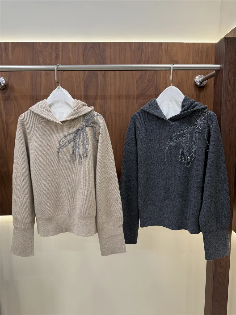 Women's Heavy-Embellishment Hooded Cashmere Knit Pullover Sweater