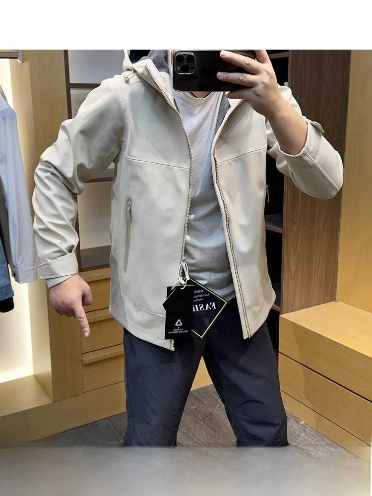 

High-End Men's Fce-Lined Softell Jaet Waterproof Windproof Autumn Winter Hooded Functional Coat Youth Faion Stand...