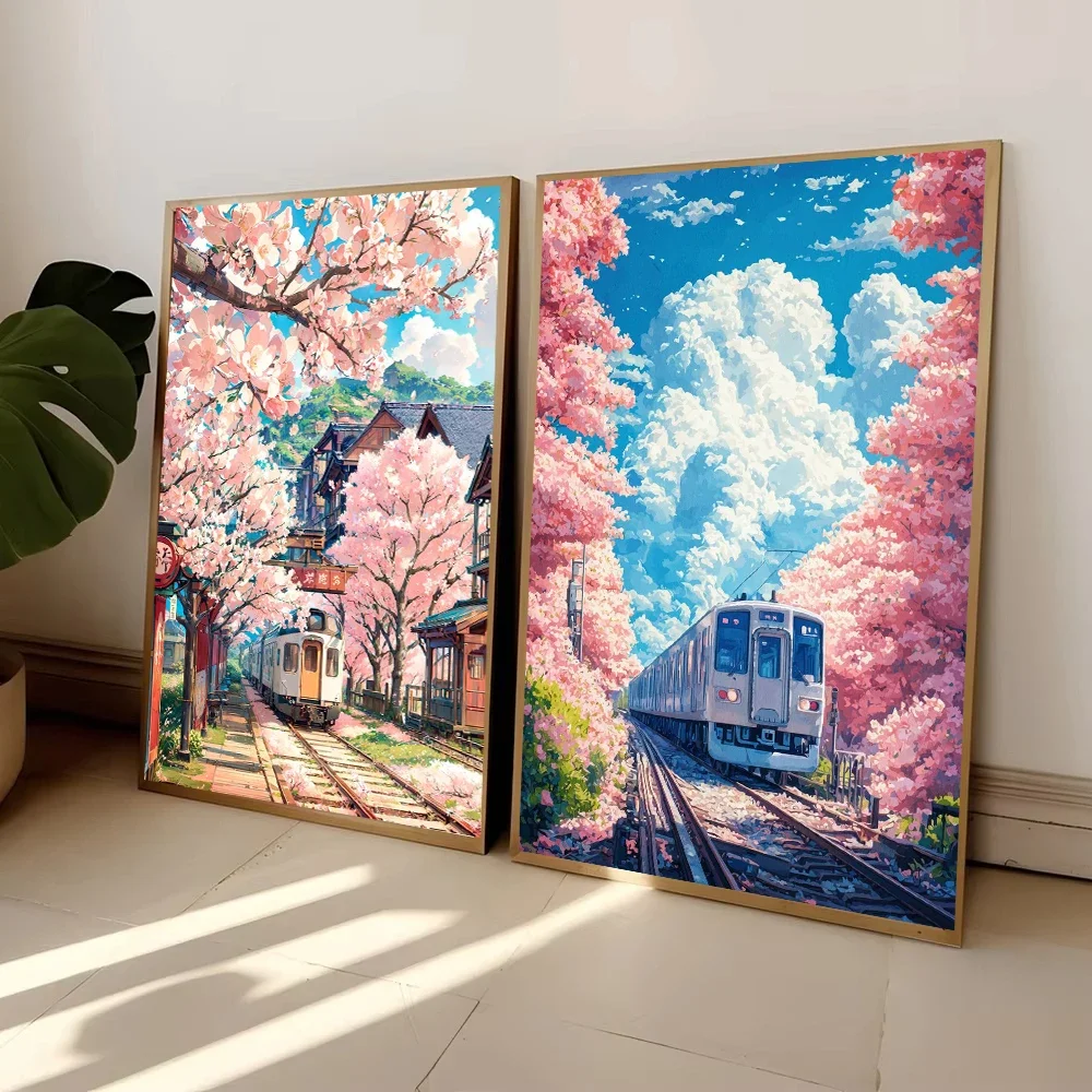 Póster de paisaje de tren callejero japonés con sakura, impresión de arquitectura, ondas y luna, pintura en lienzo, arte de pared, mural moderno para decoración del hogar